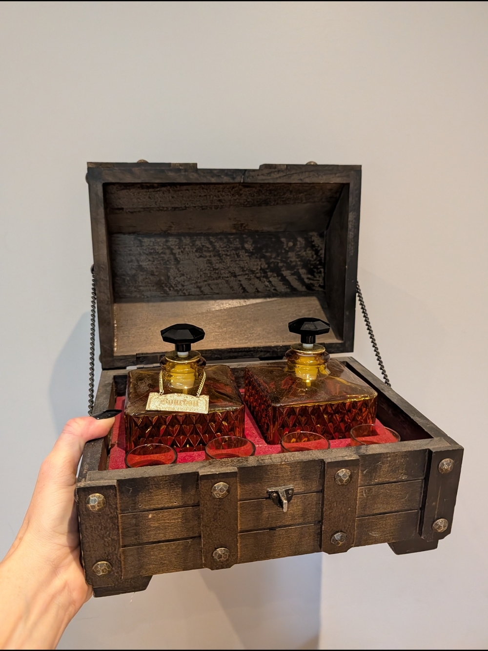 Vintage Amber Glass Whiskey Decanter Bottle Chest